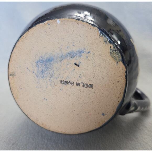 Vintage French Dark Blue Pottery Milk Pitcher Floral Vase Blue White - Picture 7 of 11